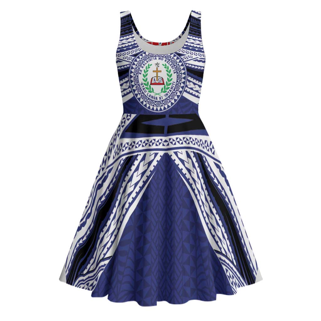 Personalised Tonga Sia'atoutai Theological College Midi Dress Polynesian Ngatu Tribal LT9 Blue - Polynesian Pride