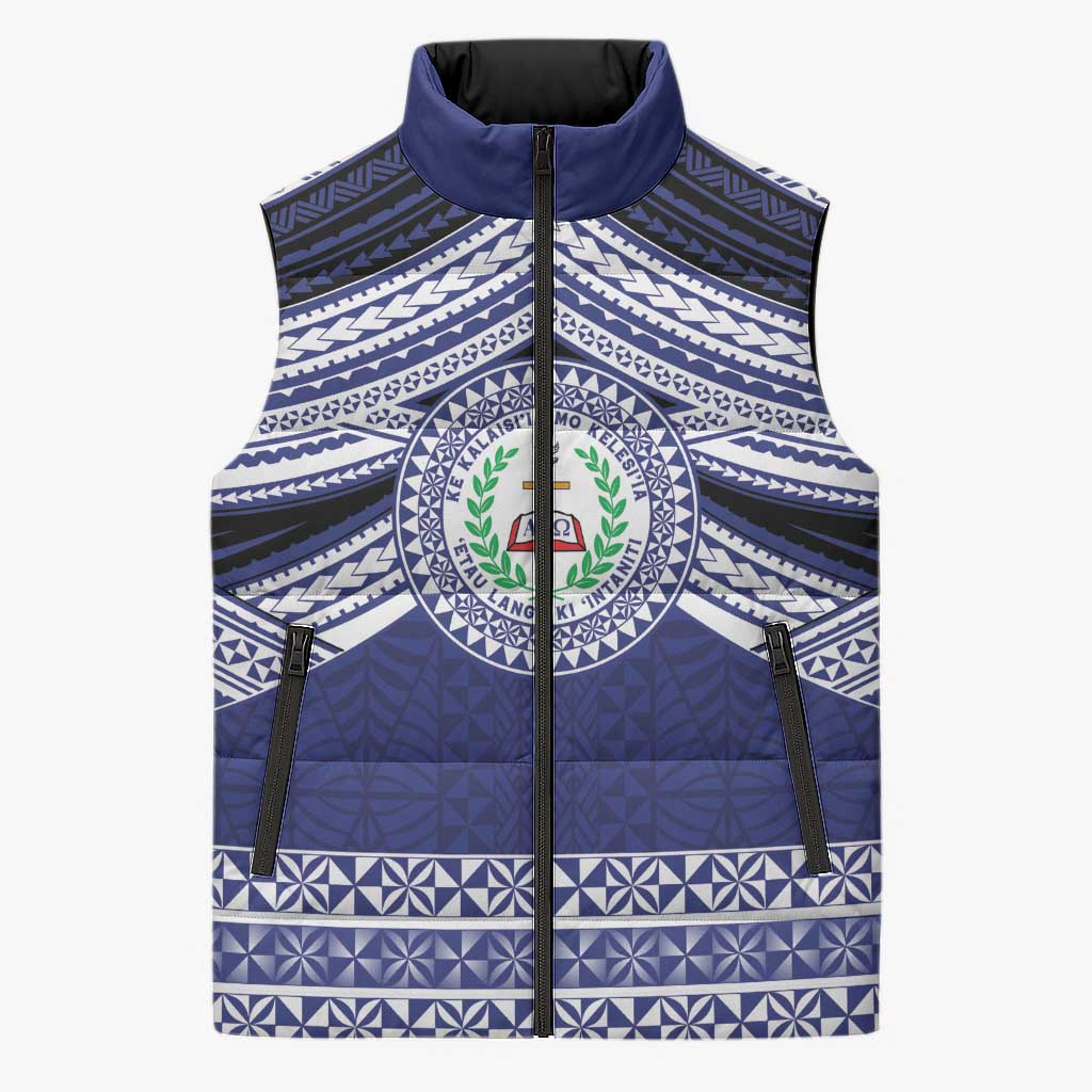 Personalised Tonga Sia'atoutai Theological College Sleeveless Puffer Jacket Polynesian Ngatu Tribal - Polynesian Pride