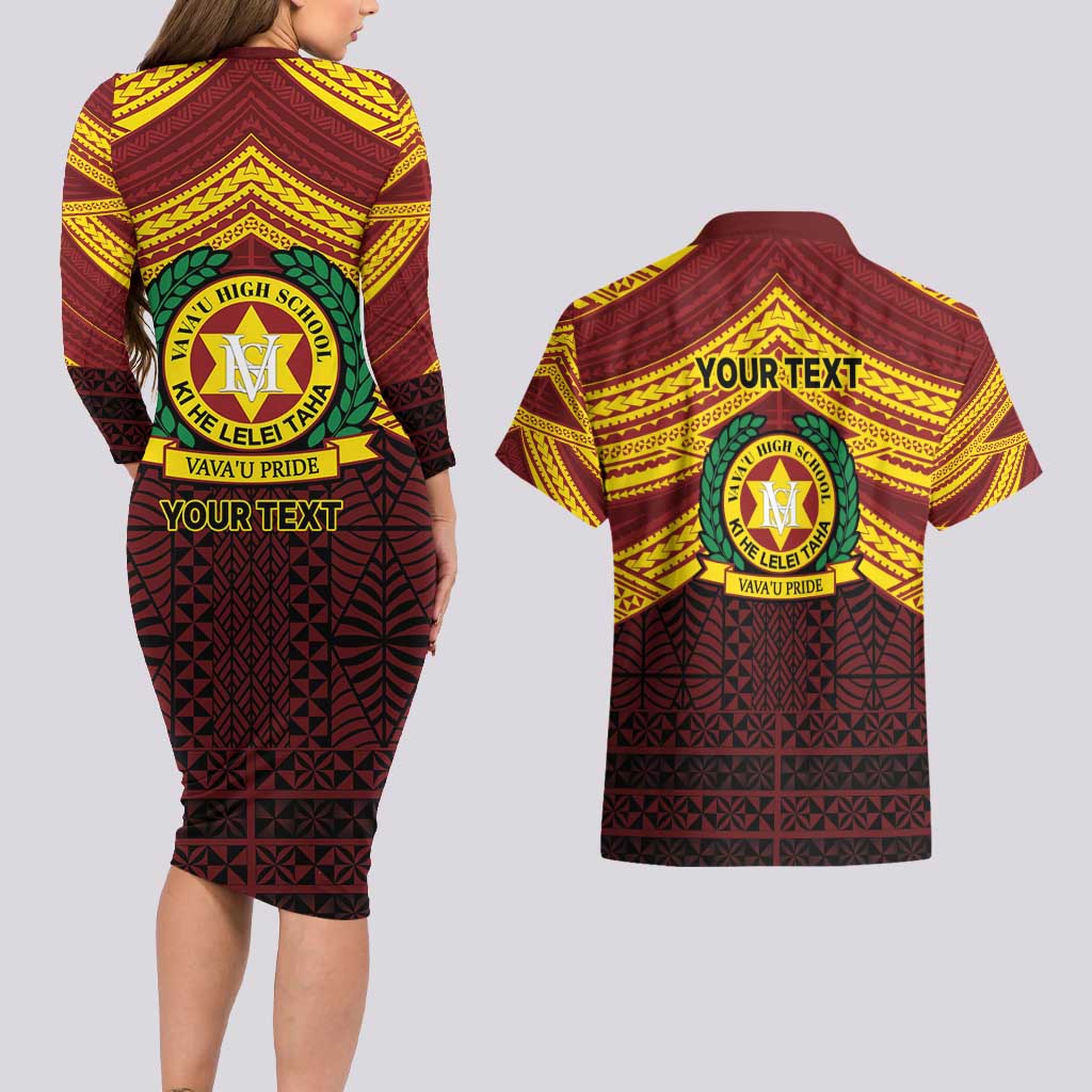 Personalised Tonga Vava'u High School Couples Matching Long Sleeve Bodycon Dress and Hawaiian Shirt Polynesian Ngatu Tribal