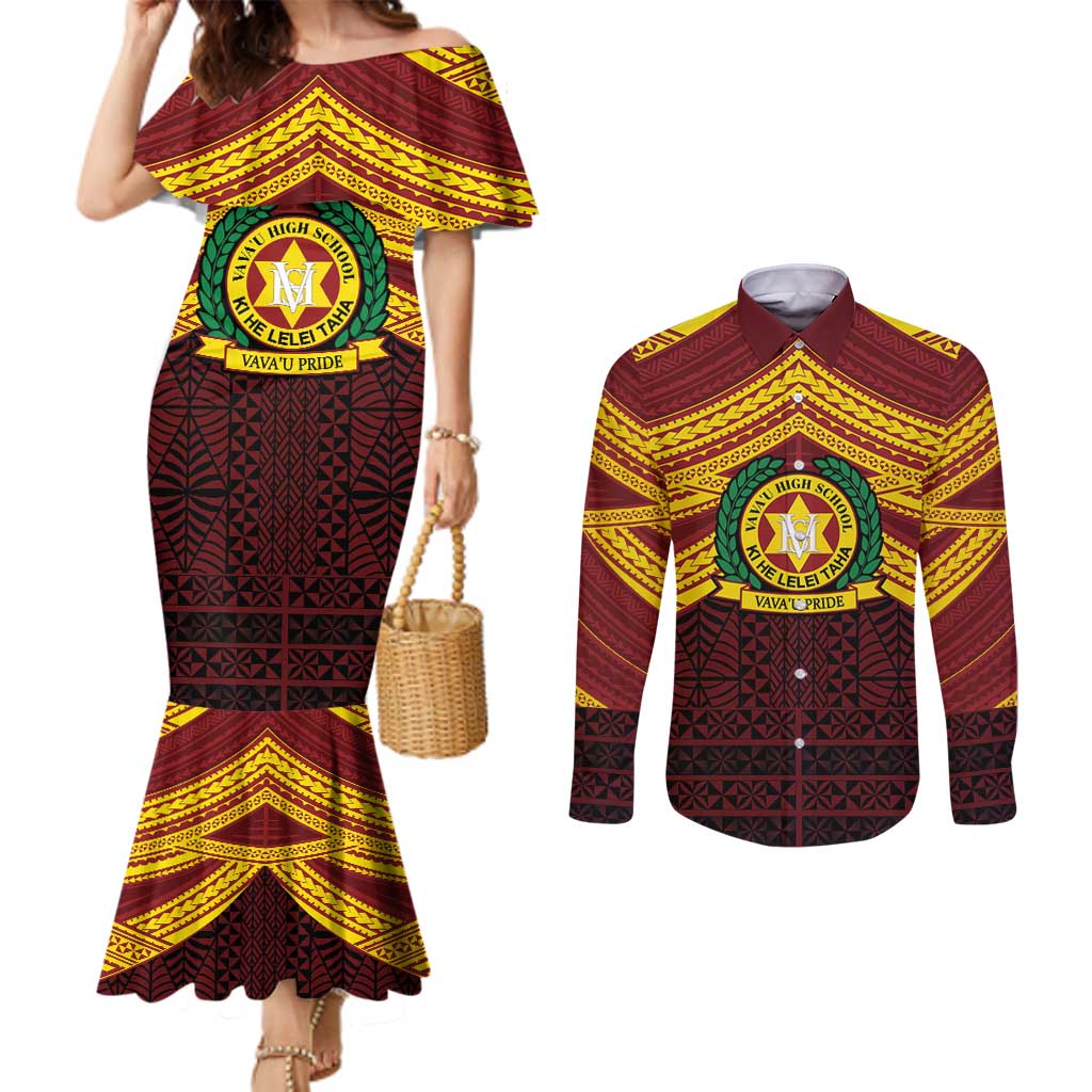 Personalised Tonga Vava'u High School Couples Matching Mermaid Dress and Long Sleeve Button Shirt Polynesian Ngatu Tribal