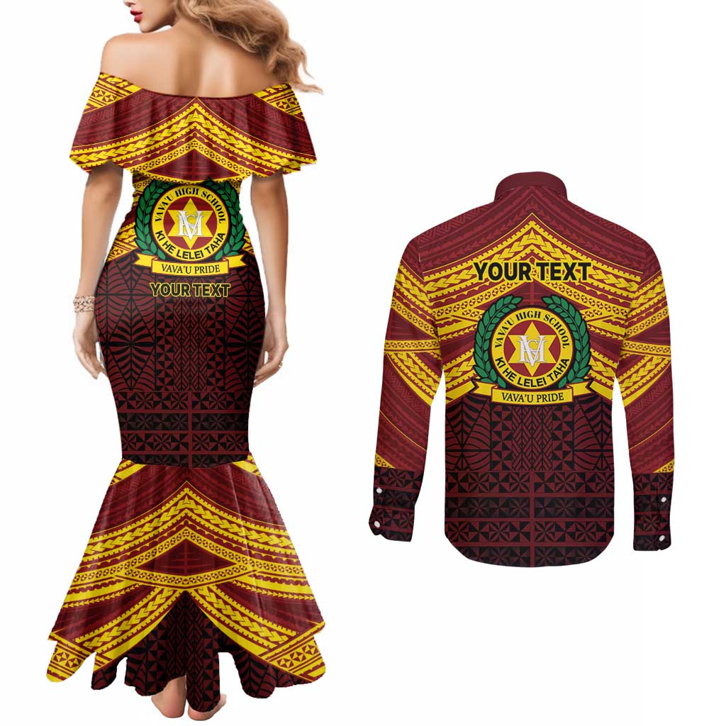 Personalised Tonga Vava'u High School Couples Matching Mermaid Dress and Long Sleeve Button Shirt Polynesian Ngatu Tribal
