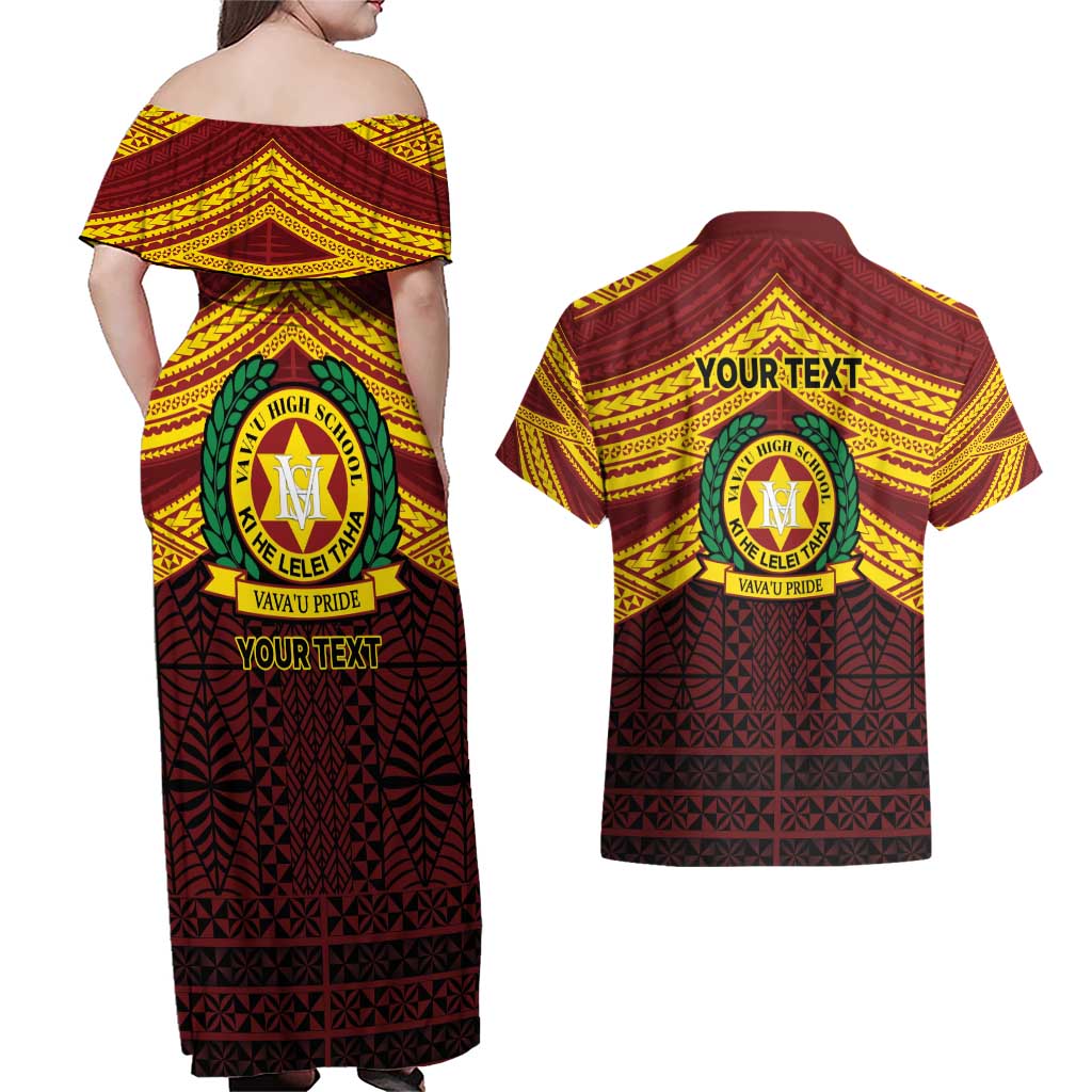 Personalised Tonga Vava'u High School Couples Matching Off Shoulder Maxi Dress and Hawaiian Shirt Polynesian Ngatu Tribal