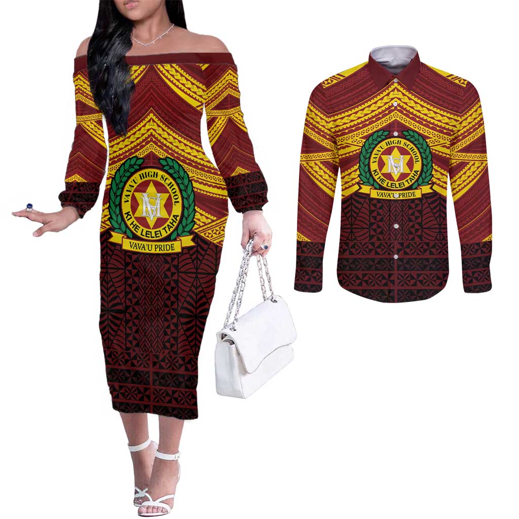 Personalised Tonga Vava'u High School Couples Matching Off The Shoulder Long Sleeve Dress and Long Sleeve Button Shirt Polynesian Ngatu Tribal