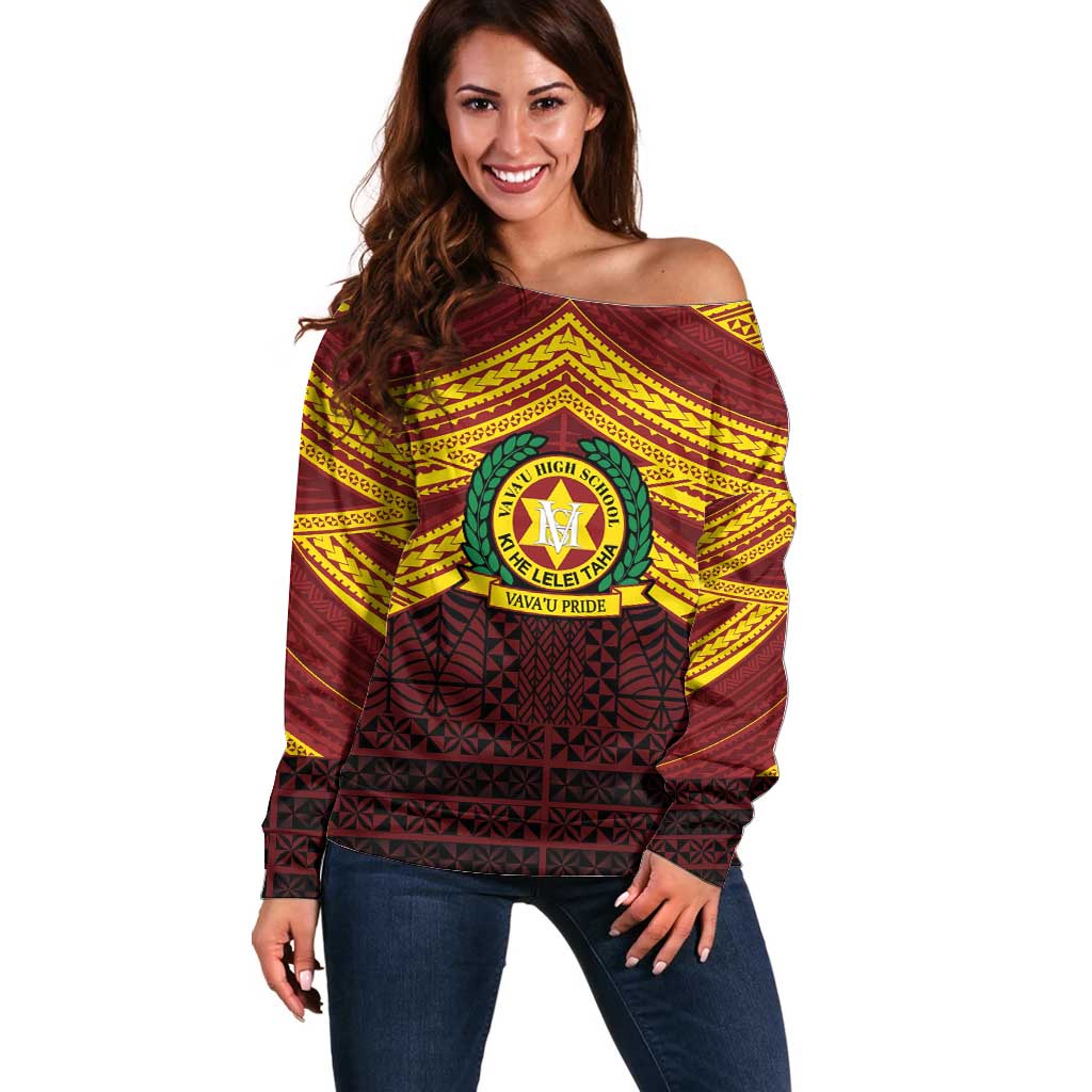 Personalised Tonga Vava'u High School Off Shoulder Sweater Polynesian Ngatu Tribal