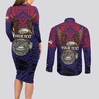 American Samoa Brave Eagle Personalized Couples Matching Long Sleeve Bodycon Dress and Long Sleeve Button Shirt National Flag Color