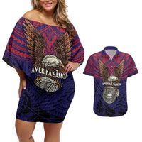 American Samoa Brave Eagle Personalized Couples Matching Off Shoulder Short Dress and Hawaiian Shirt National Flag Color
