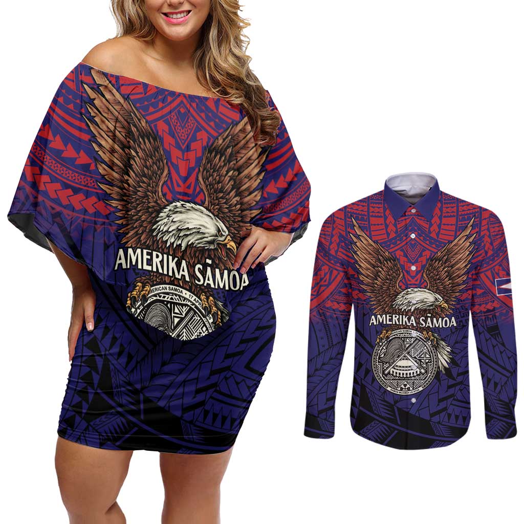 American Samoa Brave Eagle Personalized Couples Matching Off Shoulder Short Dress and Long Sleeve Button Shirt National Flag Color