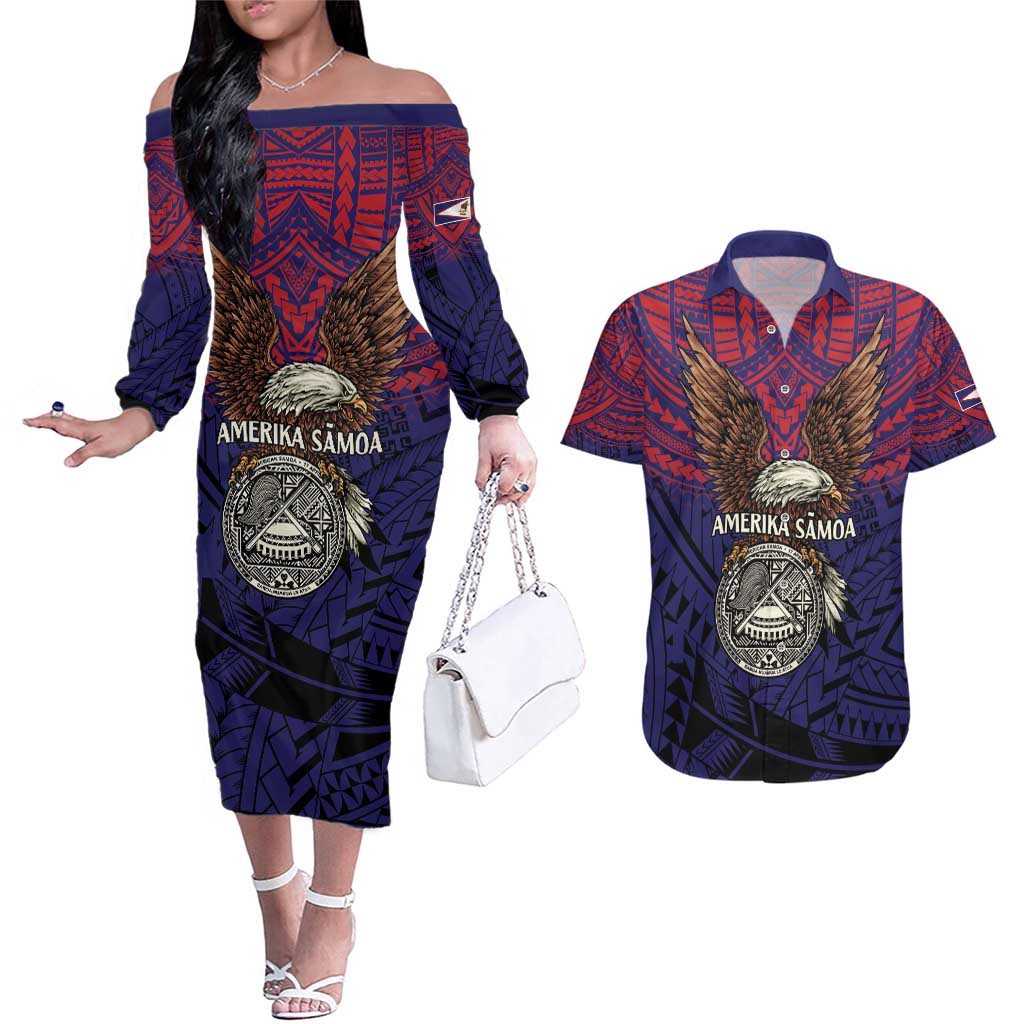 American Samoa Brave Eagle Personalized Couples Matching Off The Shoulder Long Sleeve Dress and Hawaiian Shirt National Flag Color