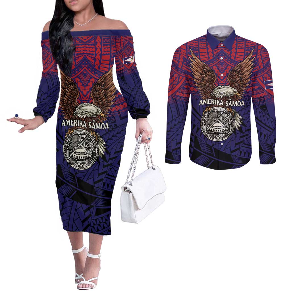 American Samoa Brave Eagle Personalized Couples Matching Off The Shoulder Long Sleeve Dress and Long Sleeve Button Shirt National Flag Color