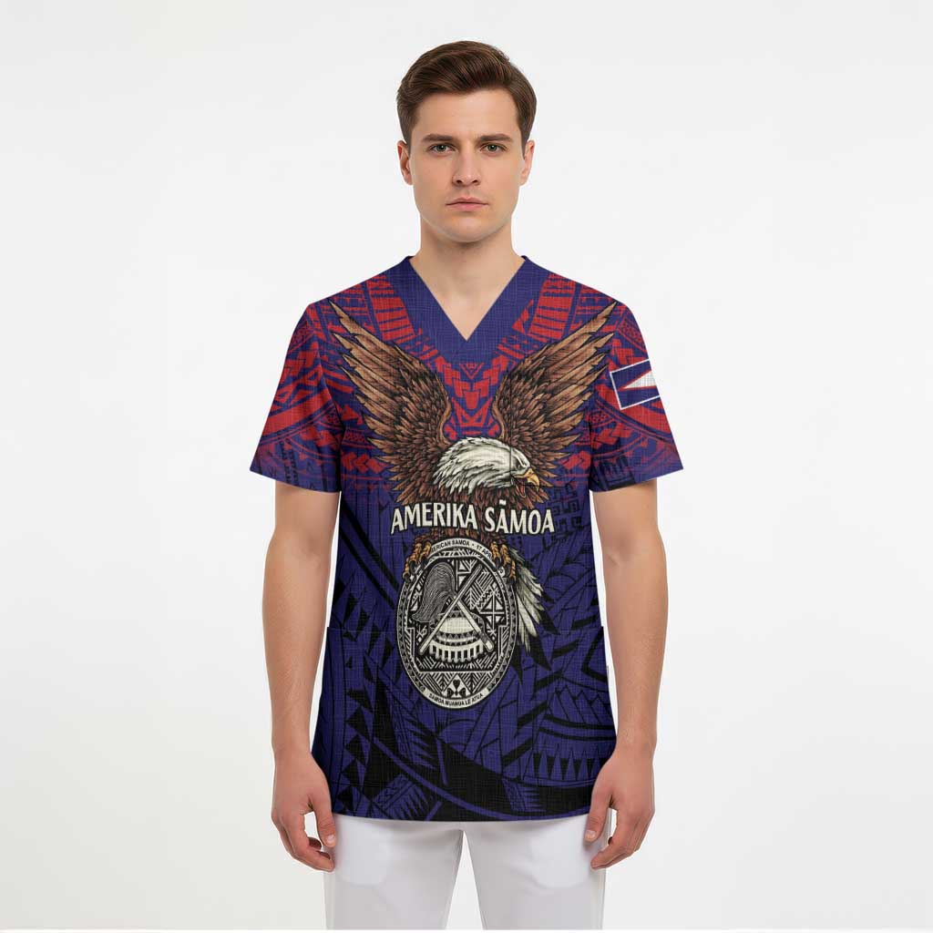American Samoa Brave Eagle Personalized Scrub Top National Flag Color - Polynesian Pride