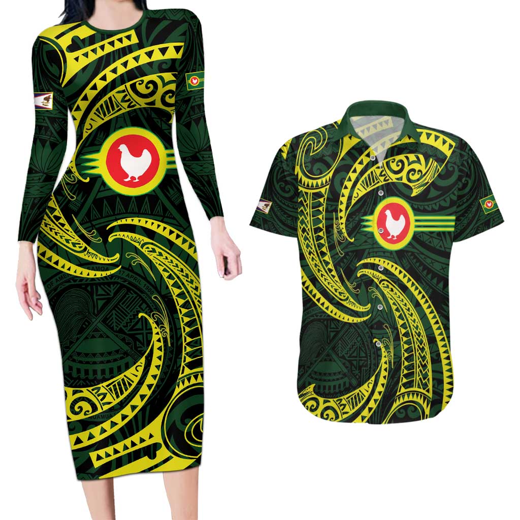 American Samoa Manua Cession Day Personalized Couples Matching Long Sleeve Bodycon Dress and Hawaiian Shirt Polynesian Wave Style