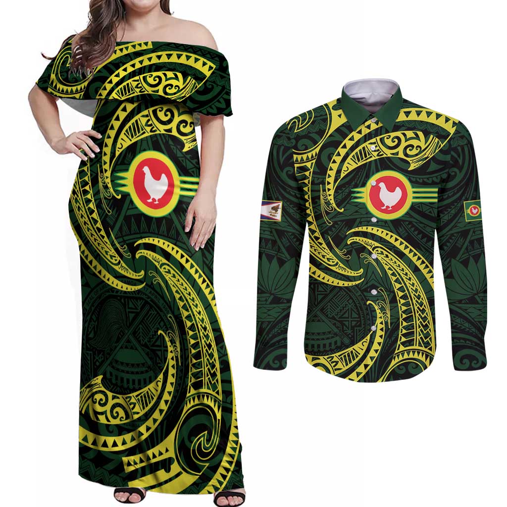 American Samoa Manua Cession Day Personalized Couples Matching Off Shoulder Maxi Dress and Long Sleeve Button Shirt Polynesian Wave Style