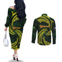 American Samoa Manua Cession Day Personalized Couples Matching Off The Shoulder Long Sleeve Dress and Long Sleeve Button Shirt Polynesian Wave Style