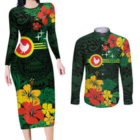 American Samoa Manu'atele Personalized Couples Matching Long Sleeve Bodycon Dress and Long Sleeve Button Shirt Manua Island Hibiscus Flowers