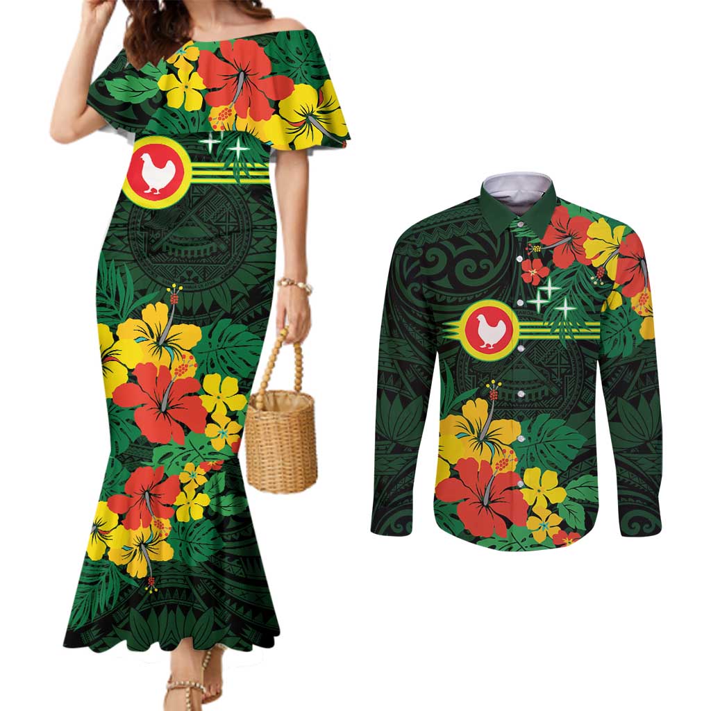 American Samoa Manu'atele Personalized Couples Matching Mermaid Dress and Long Sleeve Button Shirt Manua Island Hibiscus Flowers