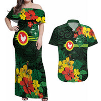 American Samoa Manu'atele Personalized Couples Matching Off Shoulder Maxi Dress and Hawaiian Shirt Manua Island Hibiscus Flowers