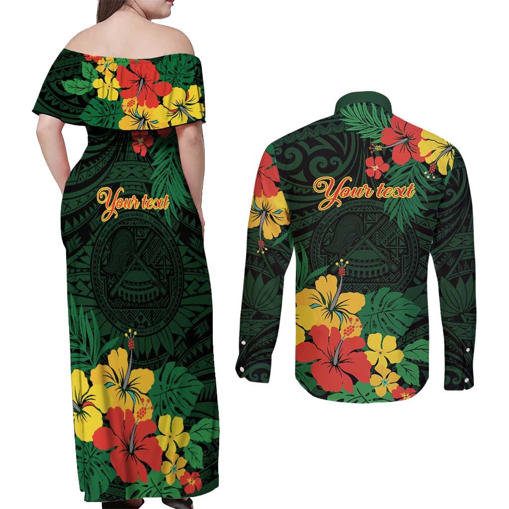 American Samoa Manu'atele Personalized Couples Matching Off Shoulder Maxi Dress and Long Sleeve Button Shirt Manua Island Hibiscus Flowers