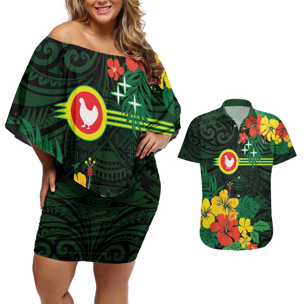 American Samoa Manu'atele Personalized Couples Matching Off Shoulder Short Dress and Hawaiian Shirt Manua Island Hibiscus Flowers