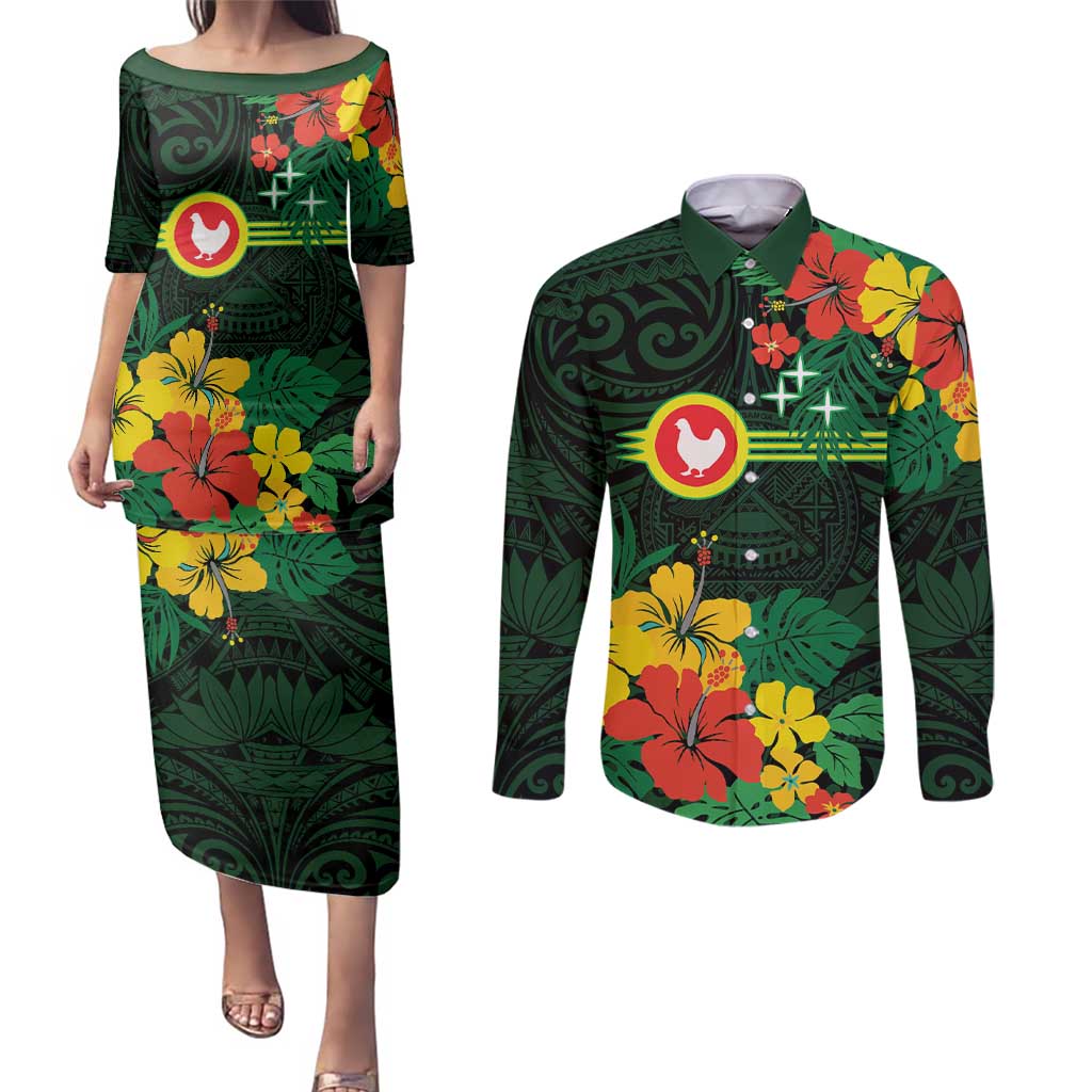 American Samoa Manu'atele Personalized Couples Matching Puletasi and Long Sleeve Button Shirt Manua Island Hibiscus Flowers