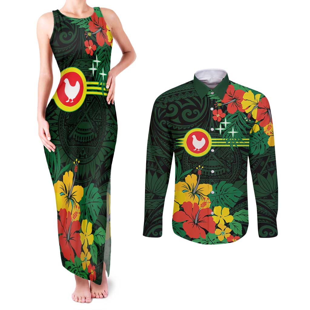 American Samoa Manu'atele Personalized Couples Matching Tank Maxi Dress and Long Sleeve Button Shirt Manua Island Hibiscus Flowers