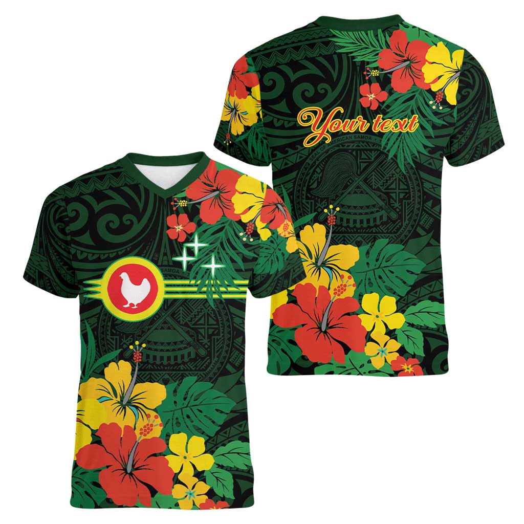 American Samoa Manu'atele Personalized Women V-Neck T-Shirt Manua Island Hibiscus Flowers