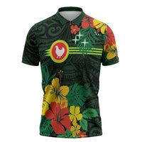 American Samoa Manu'atele Personalized Zipper Polo Shirt Manua Island Hibiscus Flowers LT9 Green - Polynesian Pride