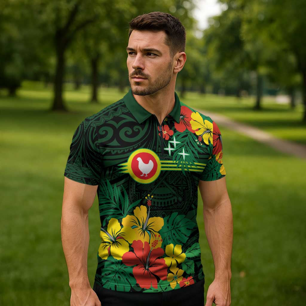 American Samoa Manu'atele Personalized Zipper Polo Shirt Manua Island Hibiscus Flowers LT9 - Polynesian Pride