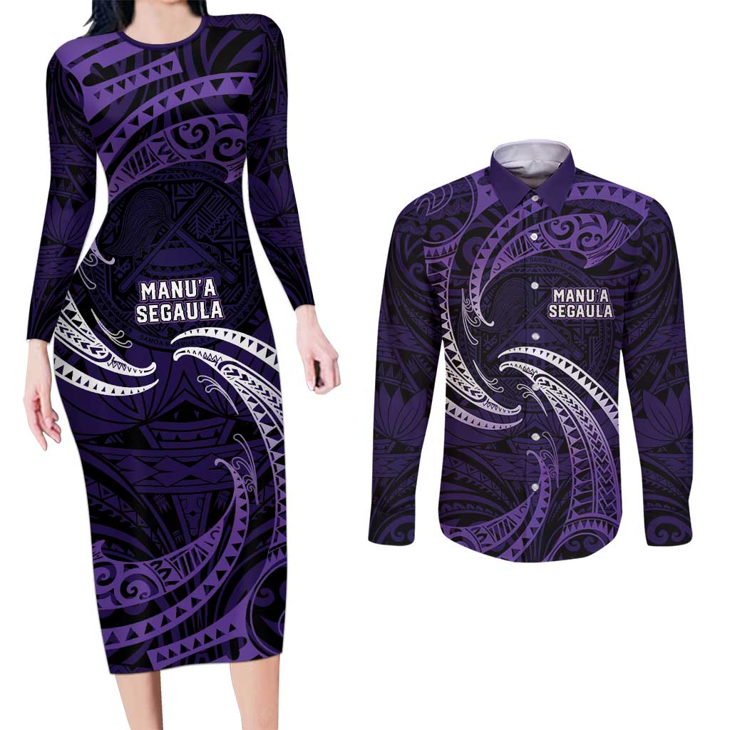 Manua Segaula American Samoa High School Personalized Couples Matching Long Sleeve Bodycon Dress and Long Sleeve Button Shirt Polynesian Wave Style