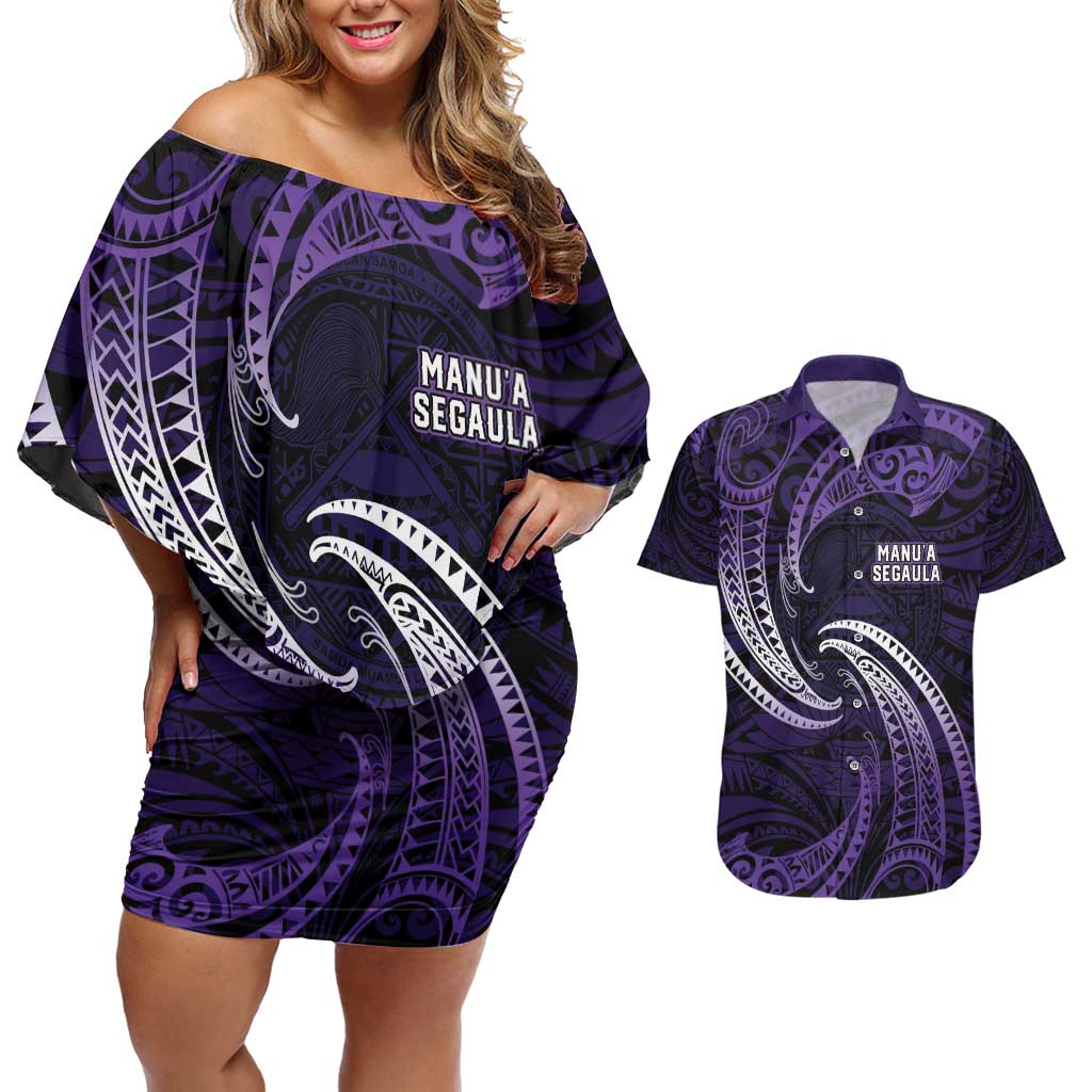 Manua Segaula American Samoa High School Personalized Couples Matching Off Shoulder Short Dress and Hawaiian Shirt Polynesian Wave Style