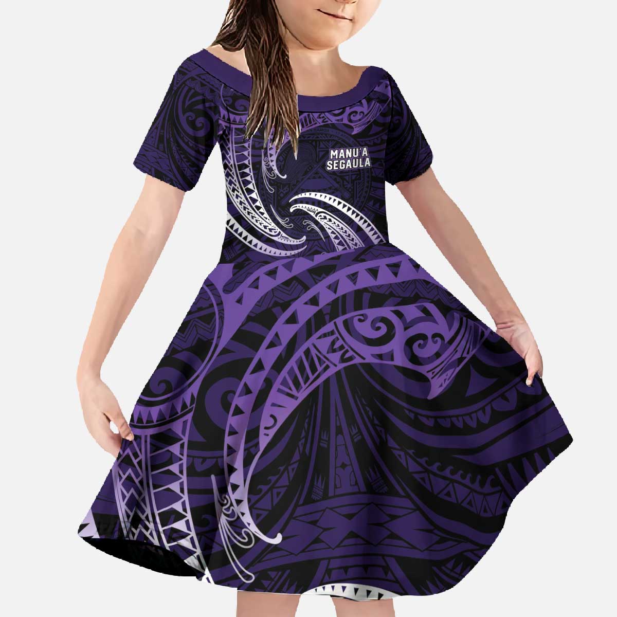 Manua Segaula American Samoa High School Personalized Family Matching Off The Shoulder Long Sleeve Dress and Hawaiian Shirt Polynesian Wave Style