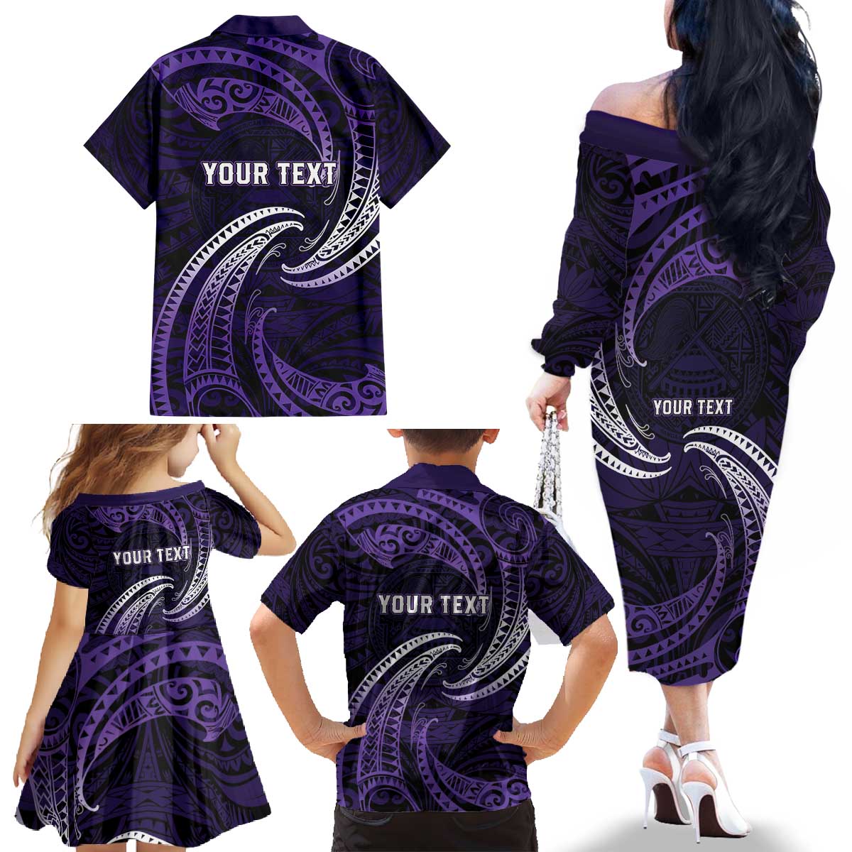 Manua Segaula American Samoa High School Personalized Family Matching Off The Shoulder Long Sleeve Dress and Hawaiian Shirt Polynesian Wave Style