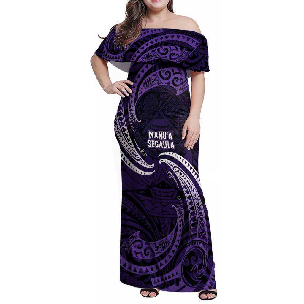 Manua Segaula American Samoa High School Personalized Family Matching Off Shoulder Maxi Dress and Hawaiian Shirt Polynesian Wave Style