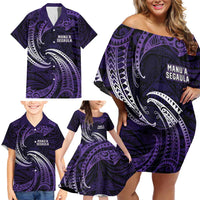 Manua Segaula American Samoa High School Personalized Family Matching Off Shoulder Short Dress and Hawaiian Shirt Polynesian Wave Style