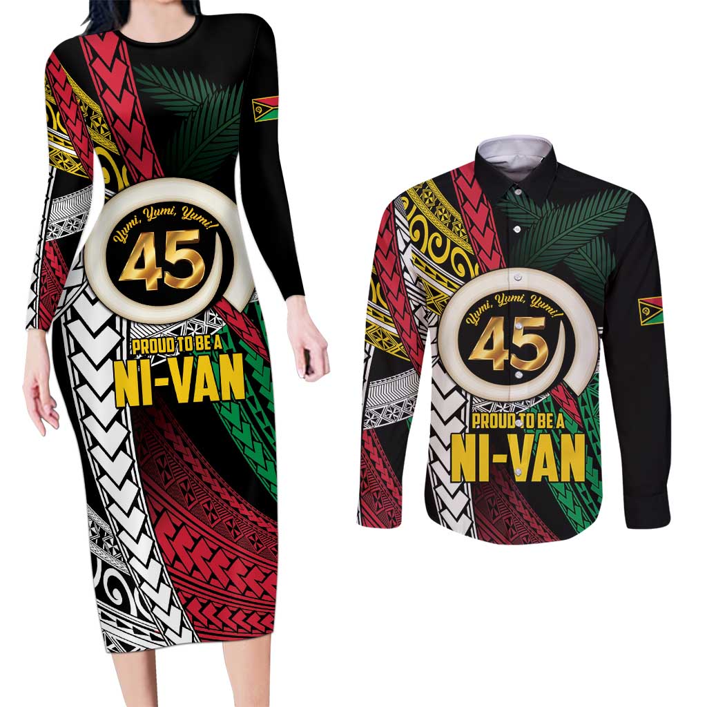 Ni-Van Vanuatu 45th Yumi Yumi Yumi Couples Matching Long Sleeve Bodycon Dress and Long Sleeve Button Shirt Vanuatuan Boar Tusk Polynesian Pattern