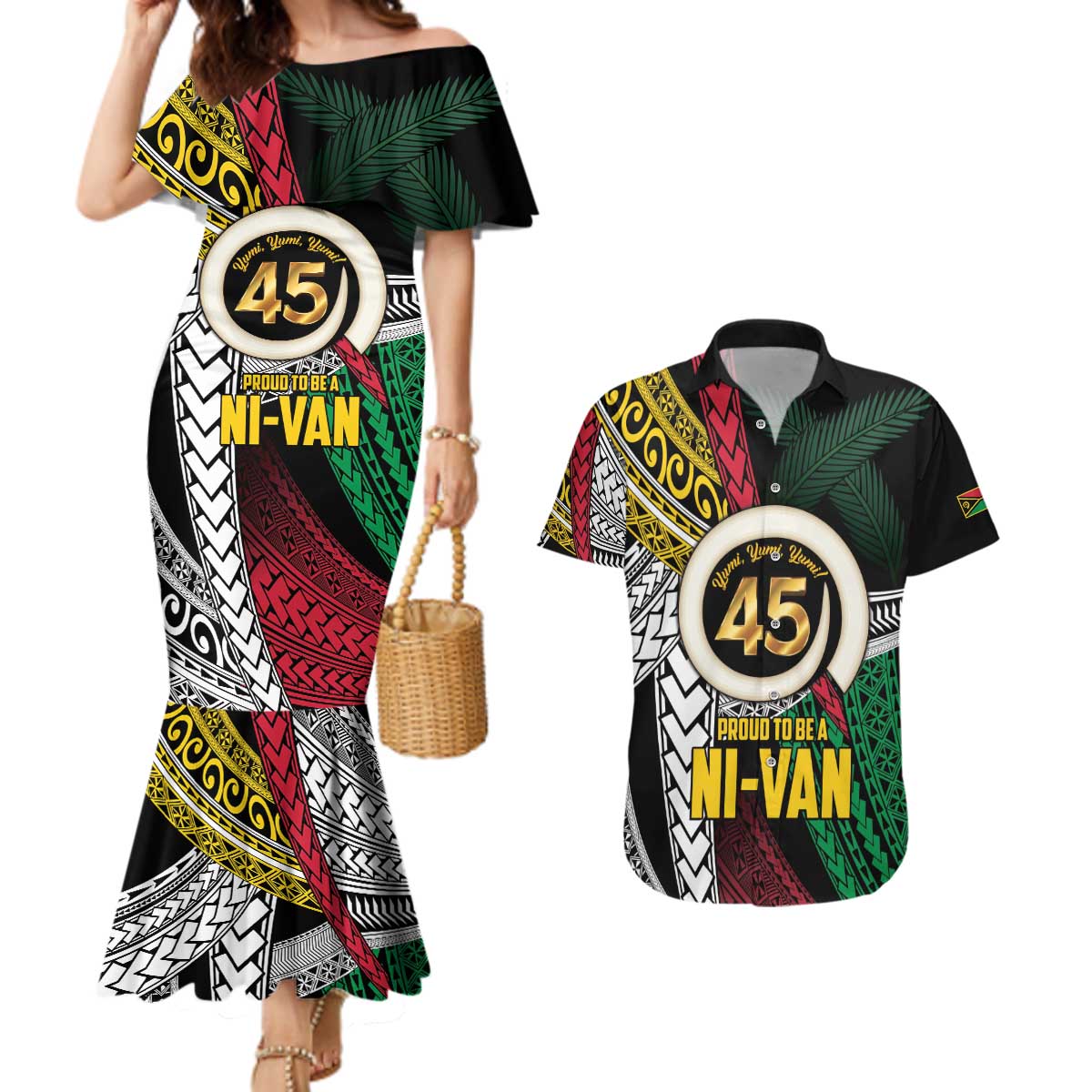 Ni-Van Vanuatu 45th Yumi Yumi Yumi Couples Matching Mermaid Dress and Hawaiian Shirt Vanuatuan Boar Tusk Polynesian Pattern