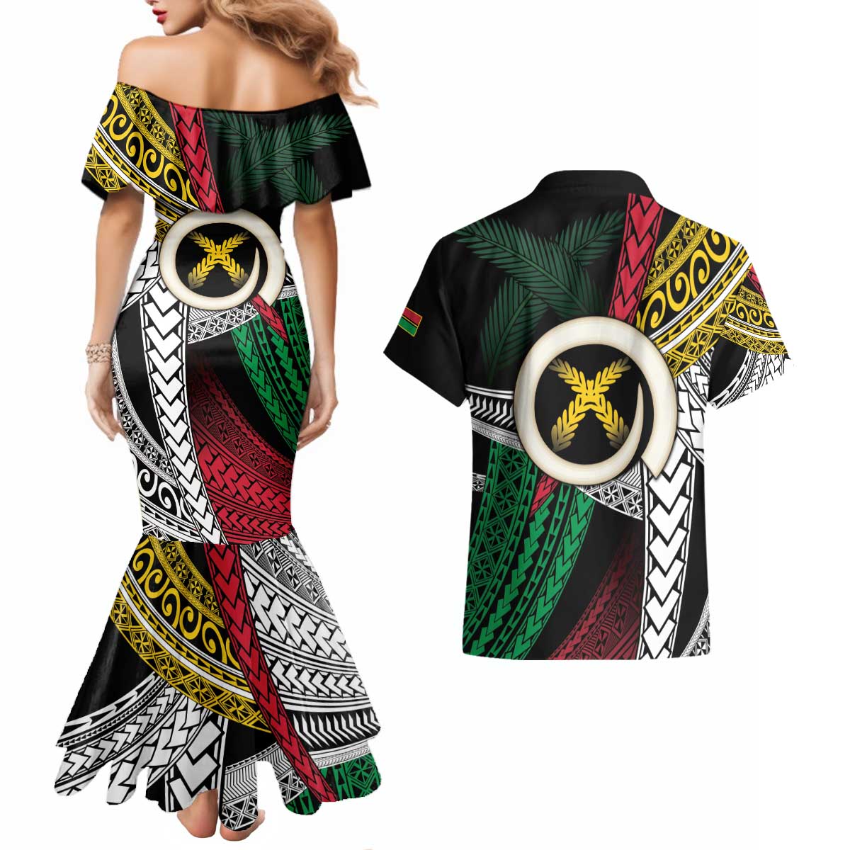 Ni-Van Vanuatu 45th Yumi Yumi Yumi Couples Matching Mermaid Dress and Hawaiian Shirt Vanuatuan Boar Tusk Polynesian Pattern