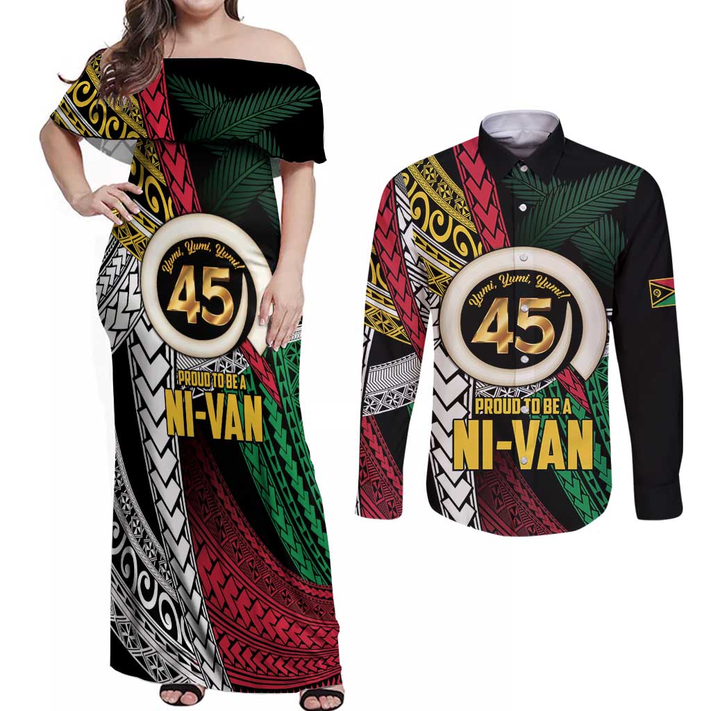 Ni-Van Vanuatu 45th Yumi Yumi Yumi Couples Matching Off Shoulder Maxi Dress and Long Sleeve Button Shirt Vanuatuan Boar Tusk Polynesian Pattern