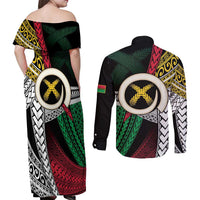 Ni-Van Vanuatu 45th Yumi Yumi Yumi Couples Matching Off Shoulder Maxi Dress and Long Sleeve Button Shirt Vanuatuan Boar Tusk Polynesian Pattern