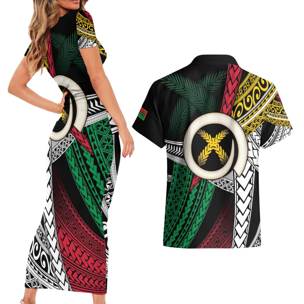 Ni-Van Vanuatu 45th Yumi Yumi Yumi Couples Matching Short Sleeve Bodycon Dress and Hawaiian Shirt Vanuatuan Boar Tusk Polynesian Pattern