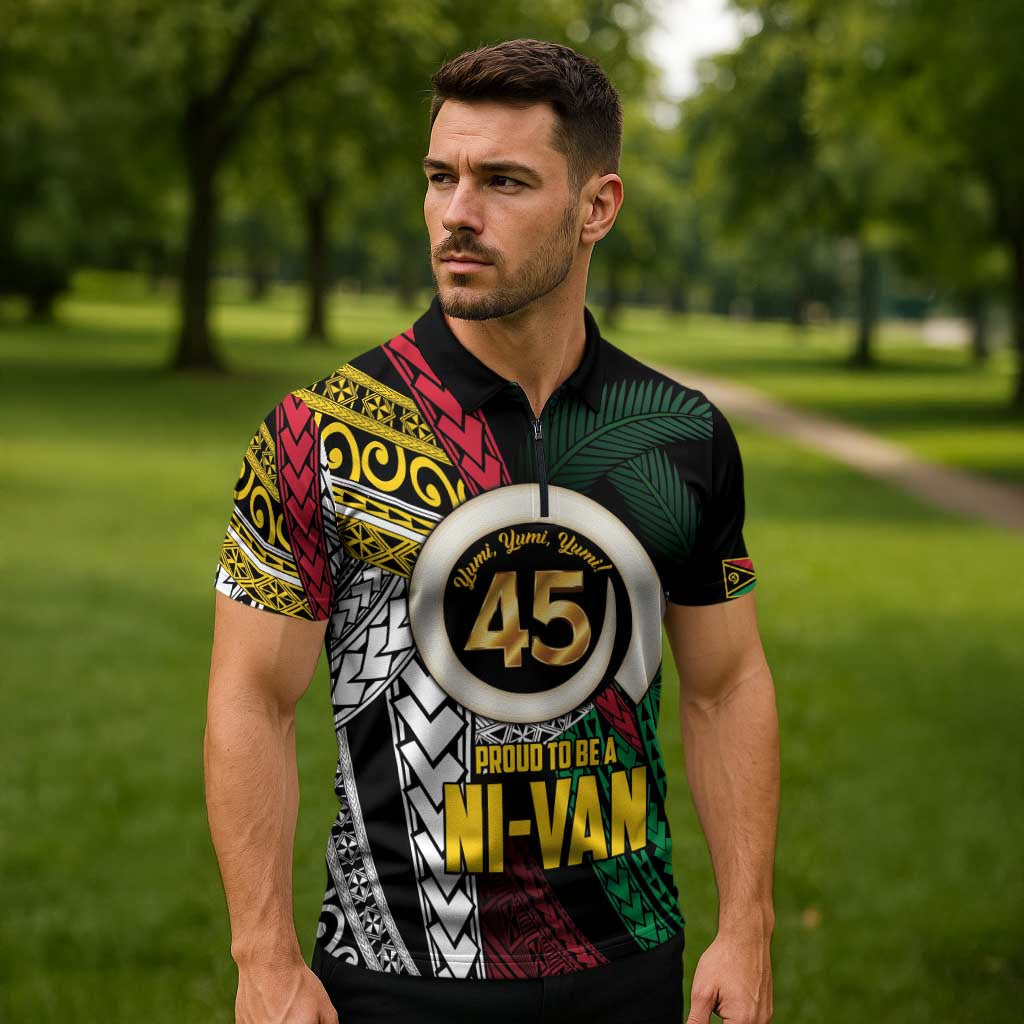 Ni-Van Vanuatu 45th Yumi Yumi Yumi Zipper Polo Shirt Vanuatuan Boar Tusk Polynesian Pattern - Polynesian Pride