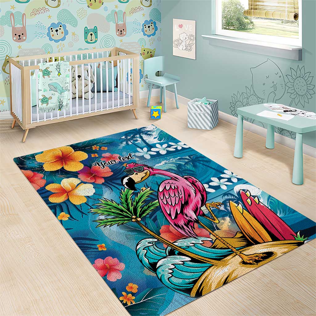 Hawaiian Flamingo Hibiscus Personalised Area Rug Blue Summer Tropical Flowers - Polynesian Pride