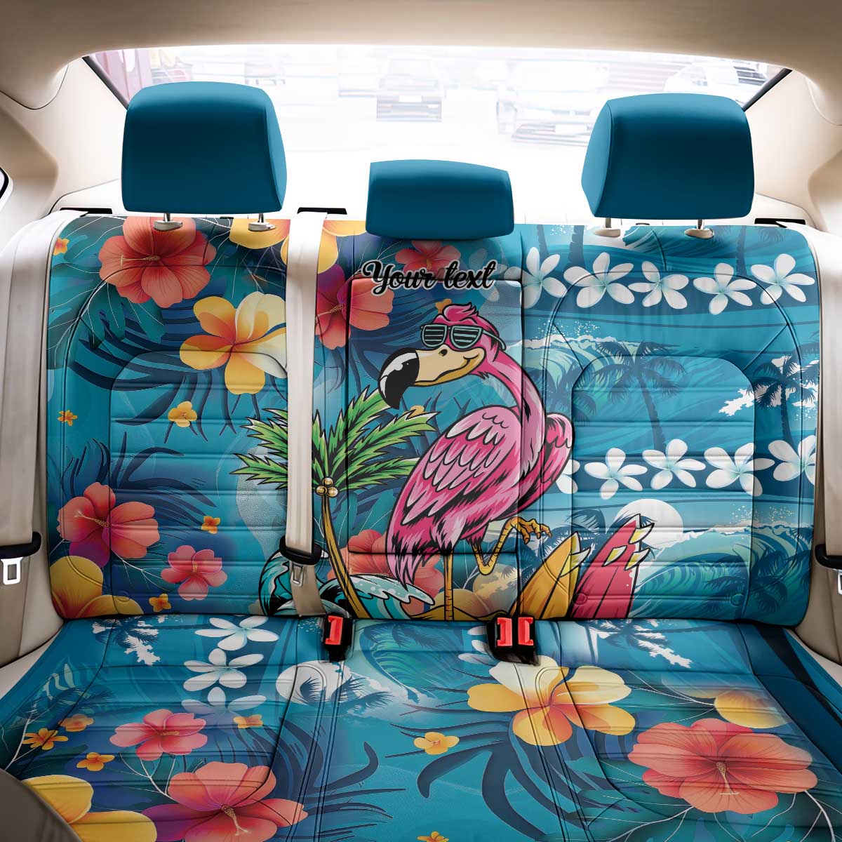 Hawaiian Flamingo Hibiscus Personalised Back Car Seat Cover Blue Summer Tropical Flowers - Polynesian Pride