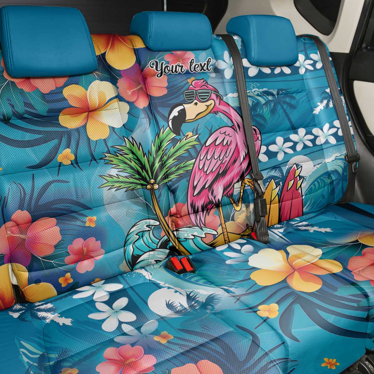 Hawaiian Flamingo Hibiscus Personalised Back Car Seat Cover Blue Summer Tropical Flowers - Polynesian Pride