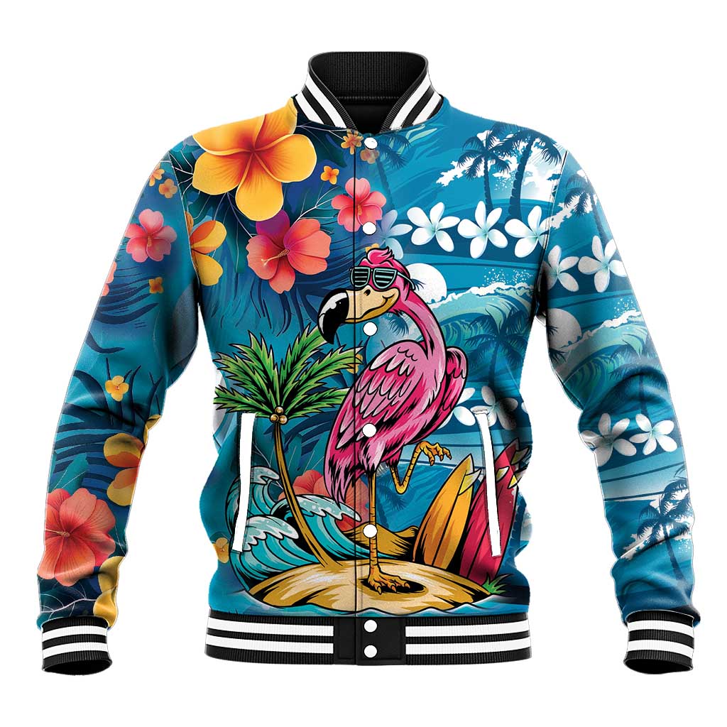 Hawaiian Flamingo Hibiscus Personalised Baseball Jacket Blue Summer Tropical Flowers - Polynesian Pride