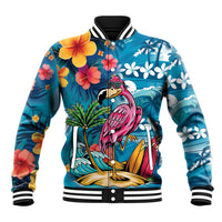 Hawaiian Flamingo Hibiscus Personalised Baseball Jacket Blue Summer Tropical Flowers - Polynesian Pride
