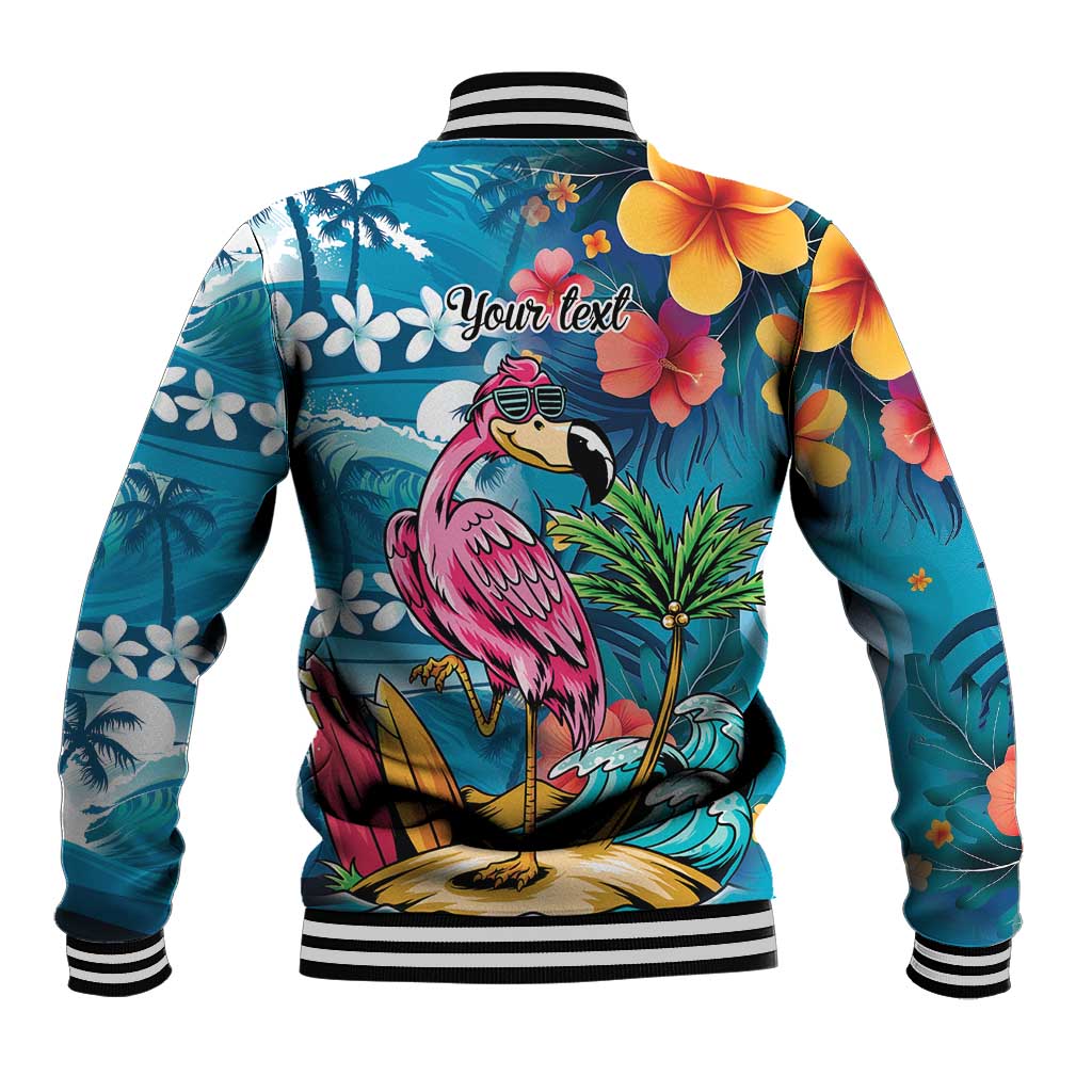 Hawaiian Flamingo Hibiscus Personalised Baseball Jacket Blue Summer Tropical Flowers - Polynesian Pride