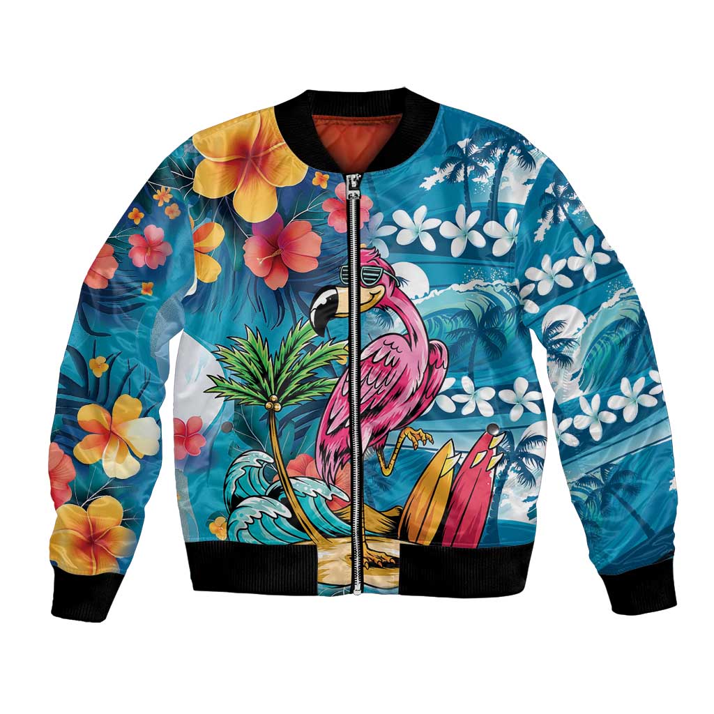 Hawaiian Flamingo Hibiscus Personalised Bomber Jacket Blue Summer Tropical Flowers - Polynesian Pride