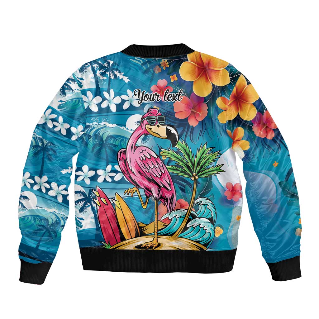 Hawaiian Flamingo Hibiscus Personalised Bomber Jacket Blue Summer Tropical Flowers - Polynesian Pride