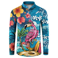 Hawaiian Flamingo Hibiscus Personalised Button Sweatshirt Blue Summer Tropical Flowers - Polynesian Pride