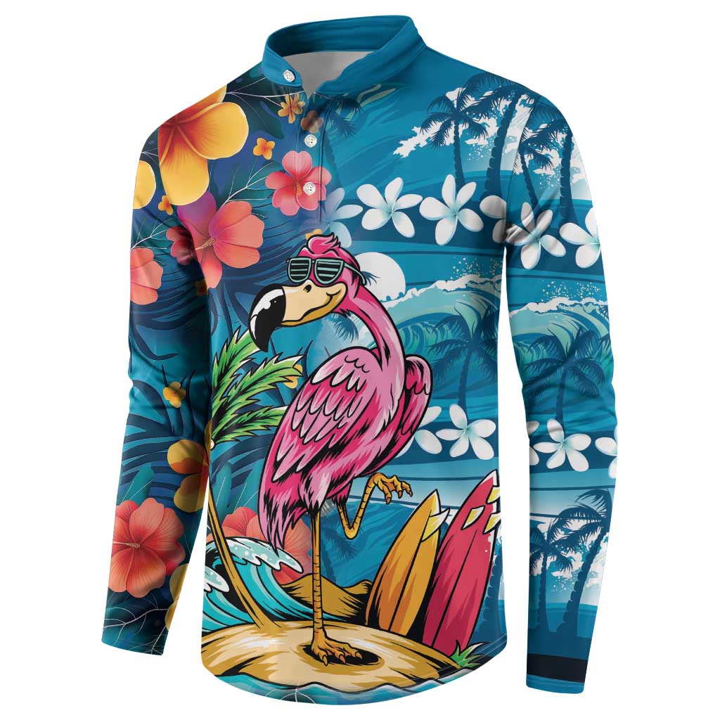 Hawaiian Flamingo Hibiscus Personalised Button Sweatshirt Blue Summer Tropical Flowers - Polynesian Pride